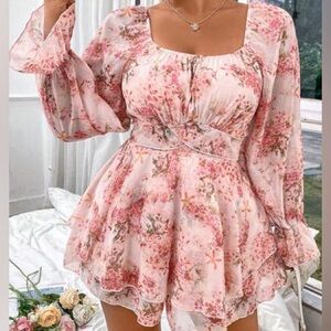 SHEIN Floral Long Sleeve Tiered Romper Puff Sleeve Square Neck Pink Boho Plus 1X
